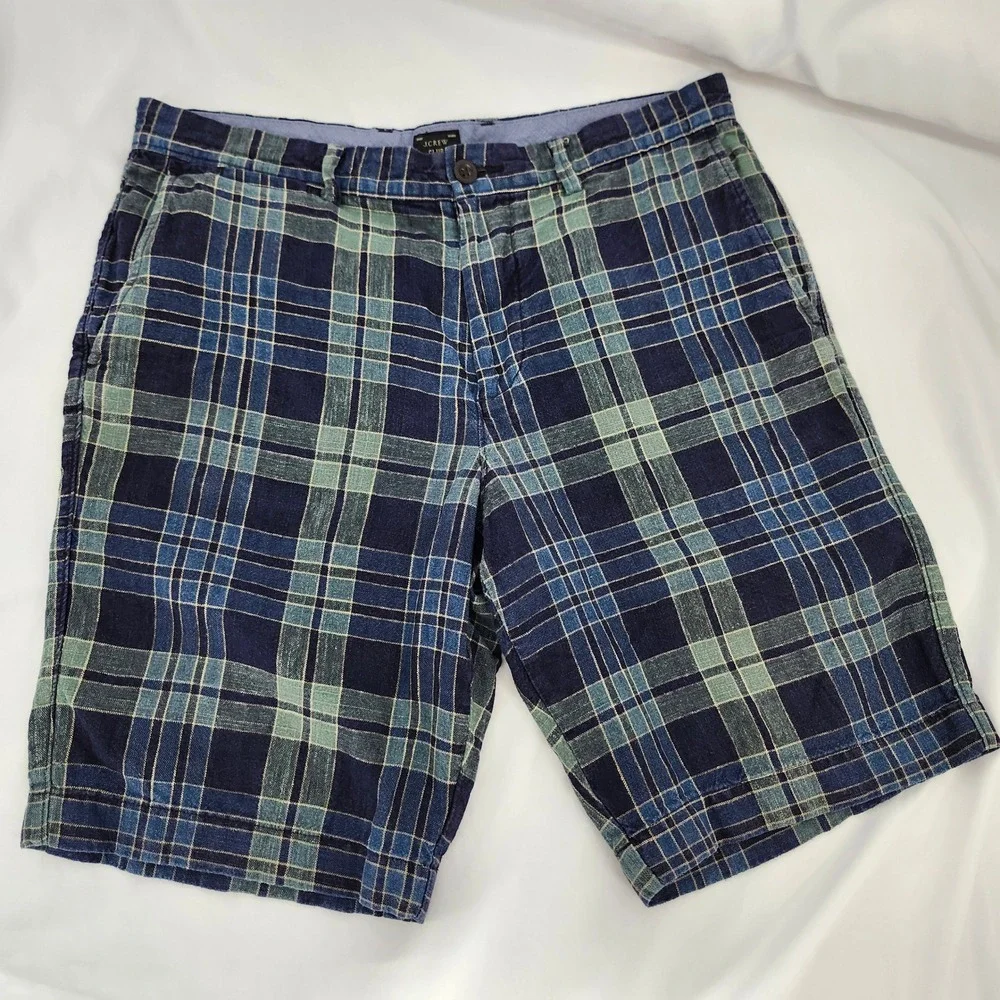 J. Crew Club Blue Green Plaid Linen Cotton Shorts Mens 34 Preppy Hamptons Summer
